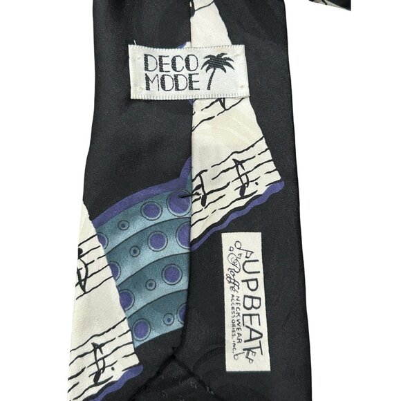 Vintage Deco Mode Upbeat Necktie Music Themed Silk Tie Black Abstract Notes - Picture 2 of 8